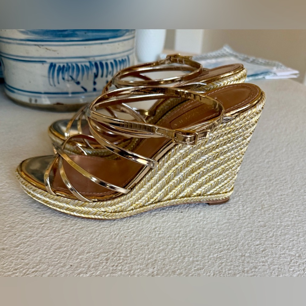 Aquazzura Gold Strappy Women's Platform Wedge Sandals - 37.5 / 7.5 - Picture 3 of 6